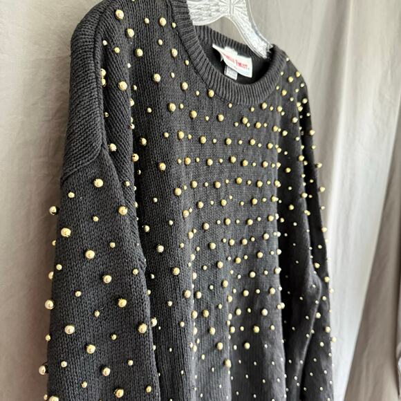 Vintage Rochelle-Forest Black Sweater Gold Stud Beads Ramie Cotton L - Picture 7 of 16